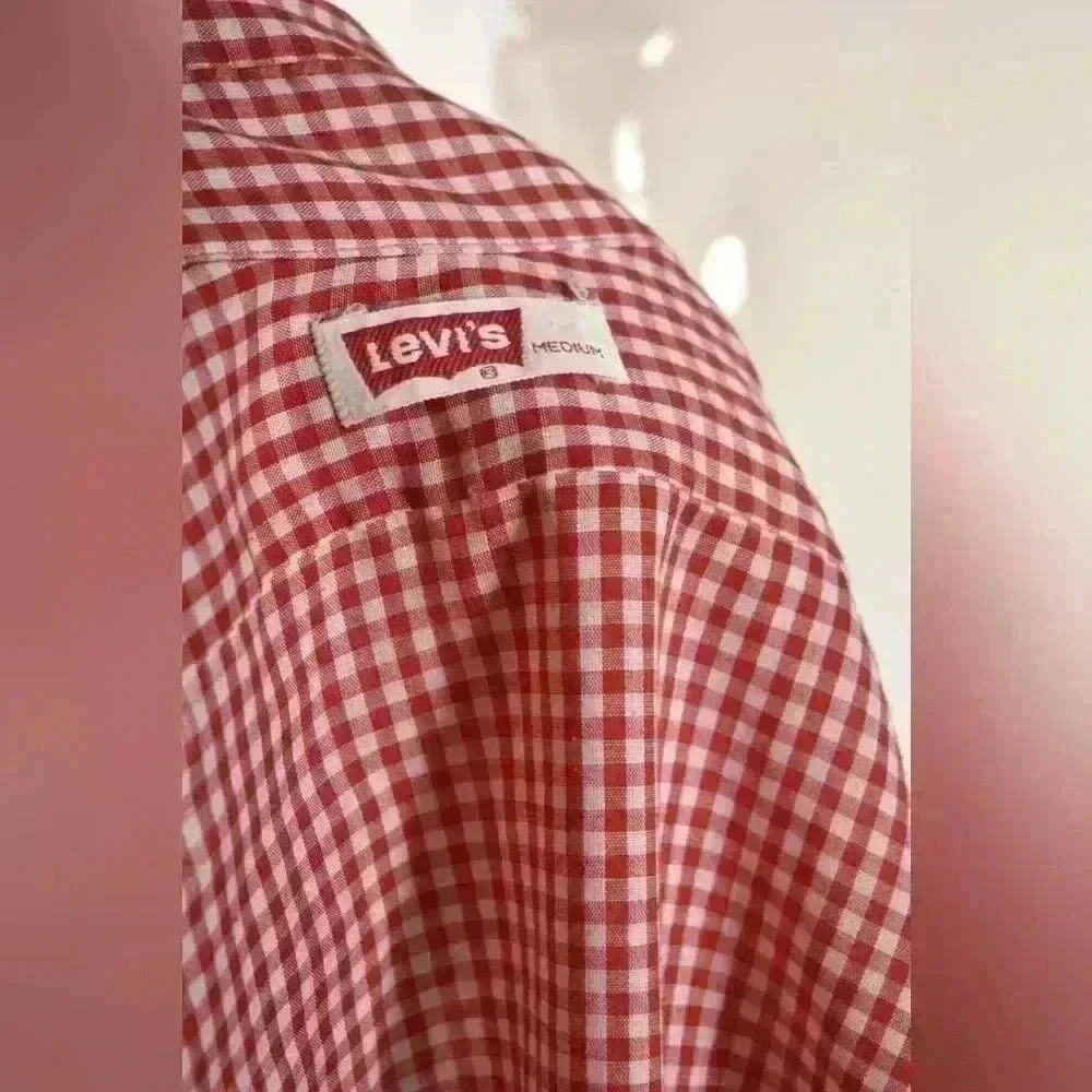 1970s LEVI'S Red Cotton Blend Gingham Western Tablecloth Picnic Shirt Small USA - Picture 7 of 7